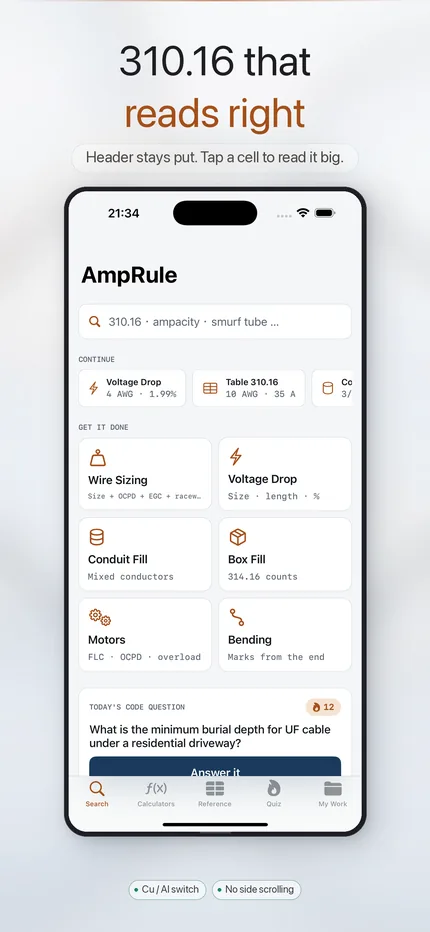 AmpRule interactive Table 310.16 with a frozen header row